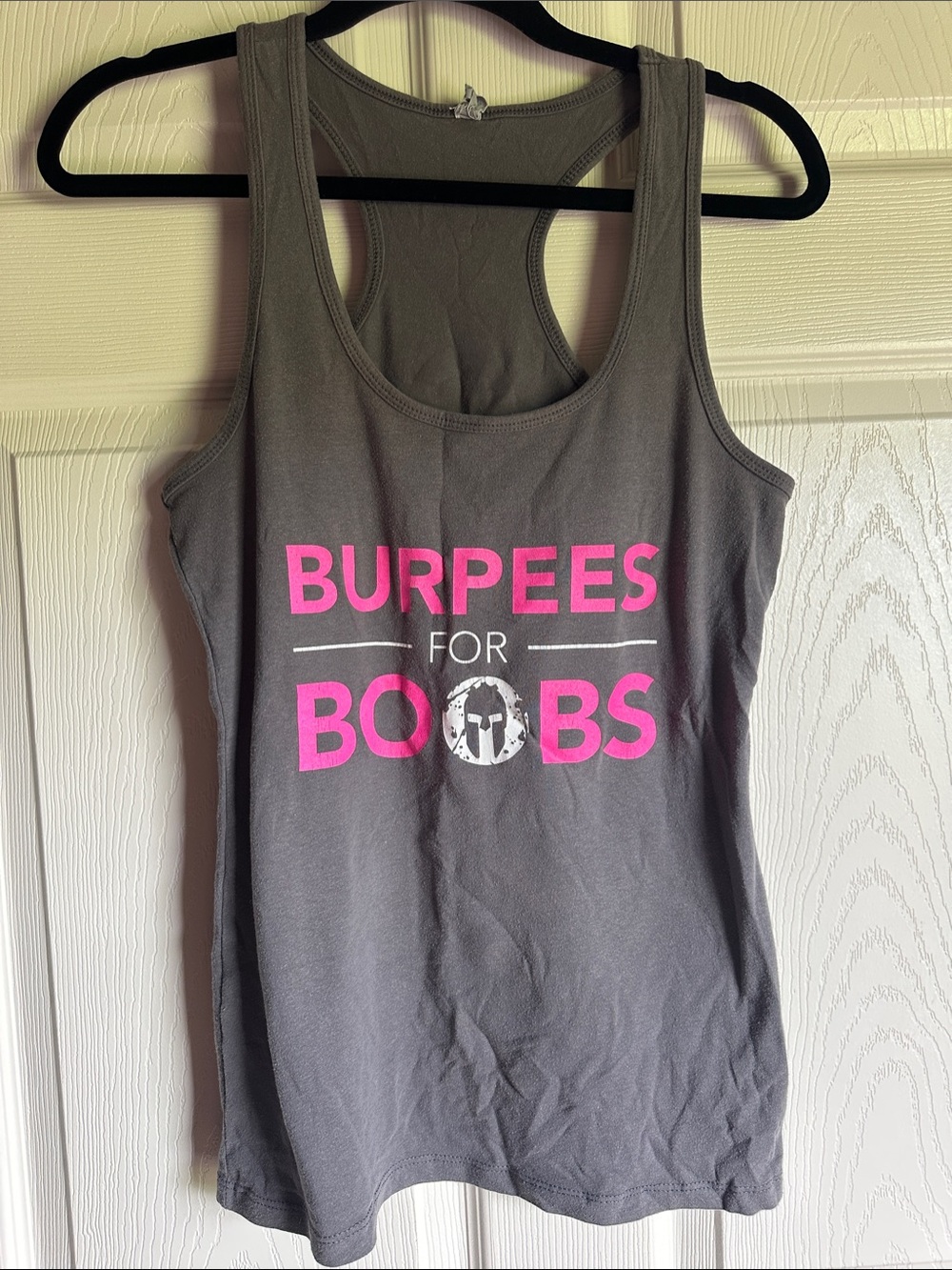 Women’s Gray Racerback Tank — Burpees for Boobs Graphic